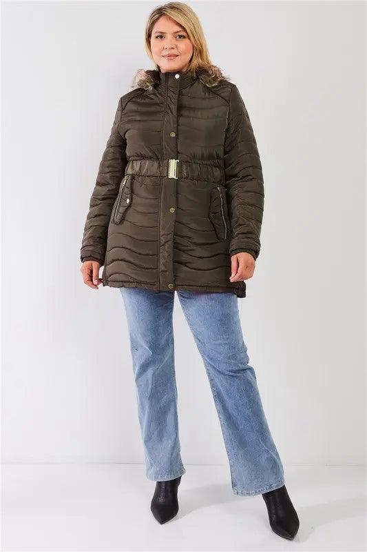 Plus Size Quilt Faux Fur Detachable Hood Puffer Jacket - Pure Modest Apparel - Jackets