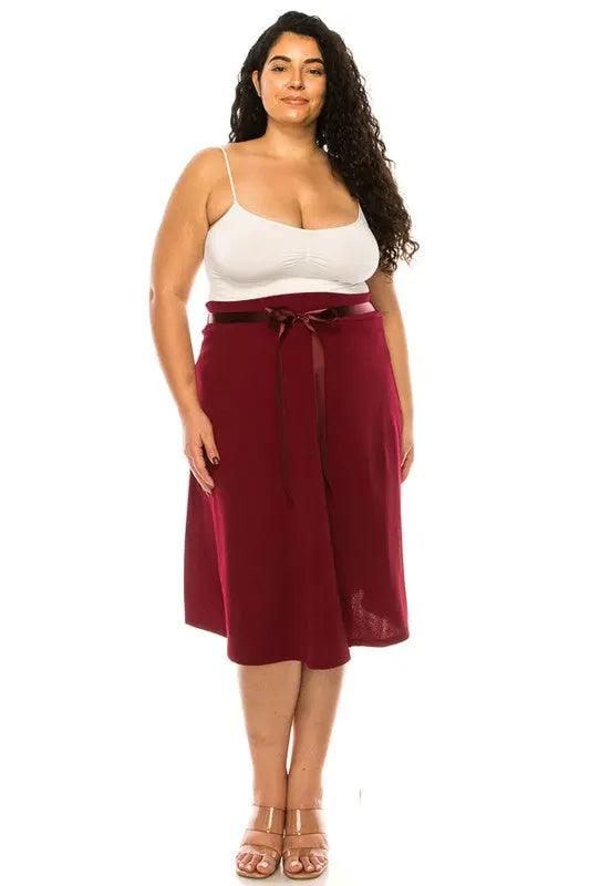 Plus Size Solid Knee Length Skirt With Bow Tie - Pure Modest Apparel - Midi Skirts