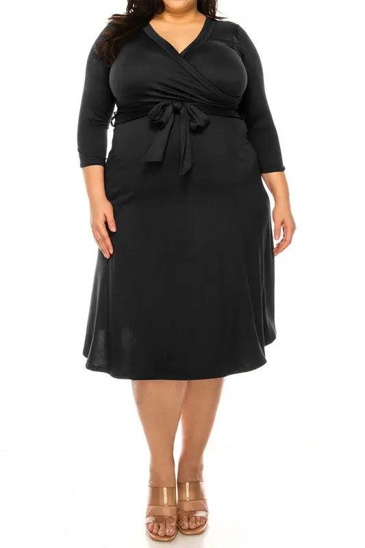Plus Size Solid Wrap V-neck Midi Dress - Pure Modest Apparel - Midi Dresses