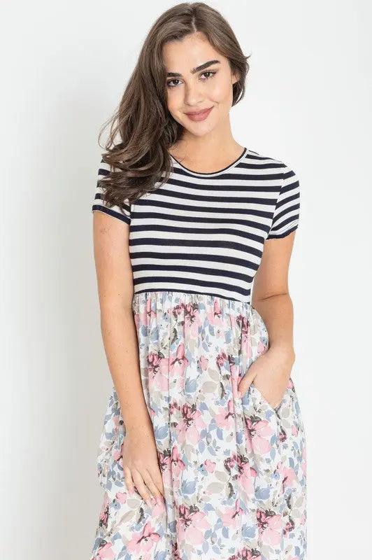 Plus Size Stripe Summer Floral Maxi Dress - Pure Modest Apparel - Maxi Dresses