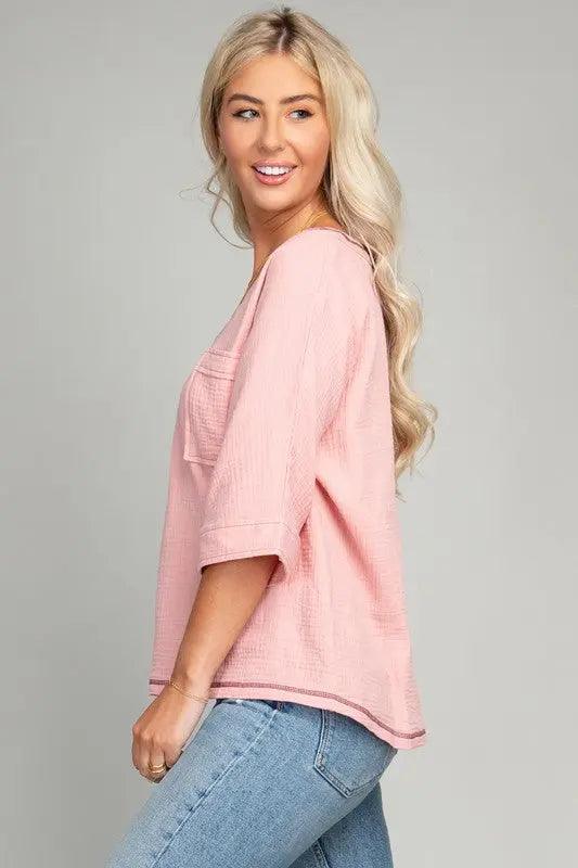 Pocket V-neck Top With Contrast Stitch - Pure Modest Apparel - Short Sleeve Tops