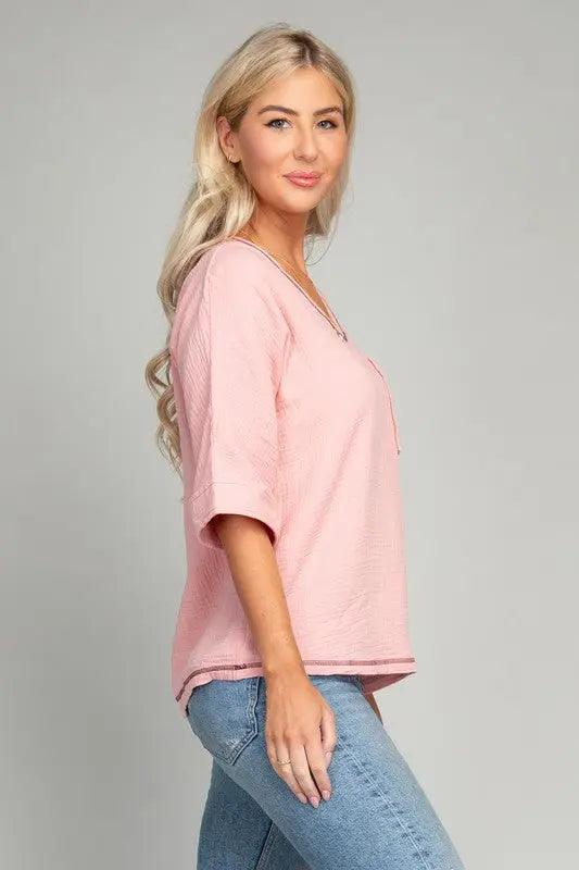 Pocket V-neck Top With Contrast Stitch - Pure Modest Apparel - Short Sleeve Tops
