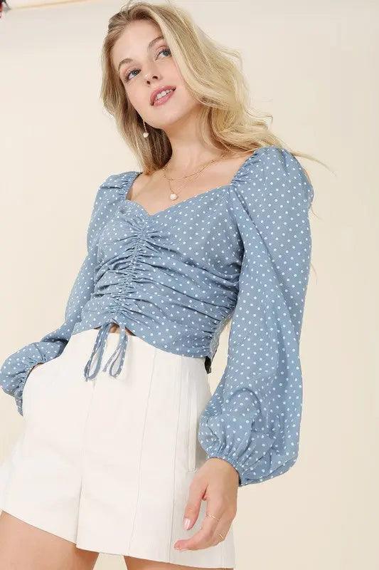 Ruched Polka Dot Top With Puff Sleeves - Pure Modest Apparel - Long Sleeve Tops