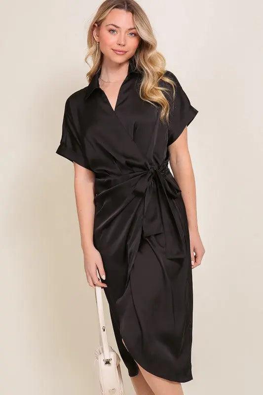 Satin Wrap Front Tie Midi Dress - Pure Modest Apparel - Midi Dresses
