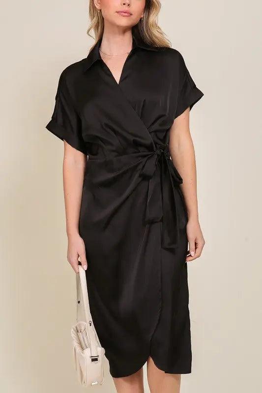 Satin Wrap Front Tie Midi Dress - Pure Modest Apparel - Midi Dresses