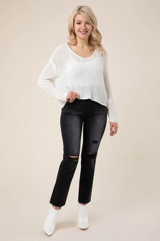 Sheer V-neck Ribbed Sweater - Pure Modest Apparel - Sweaters