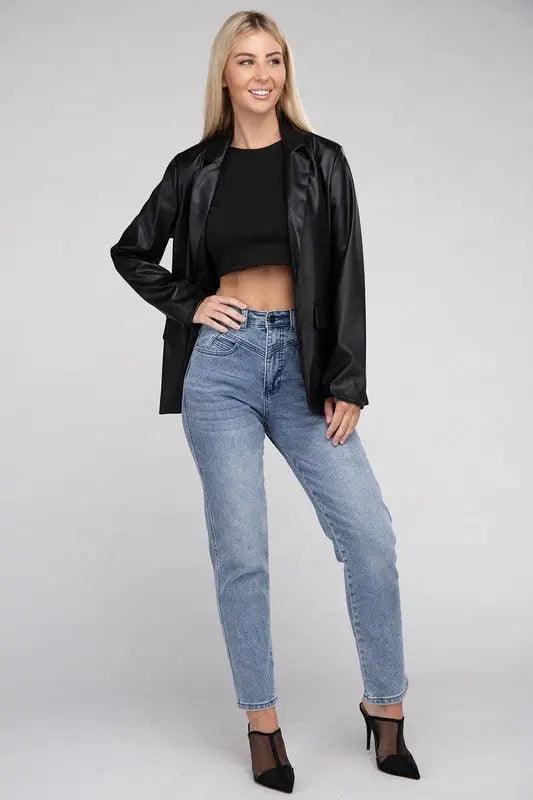 Sleek Pu Leather Blazer with Front Closure - High Quality Jackets