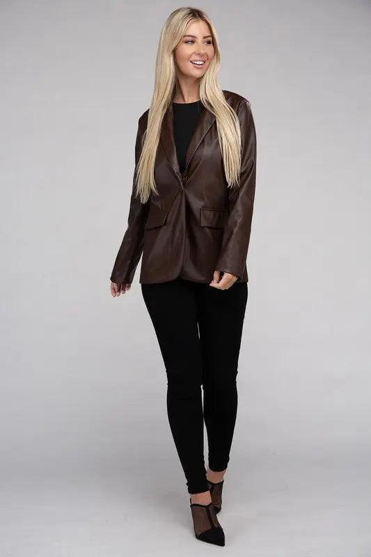 Sleek Pu Leather Blazer with Front Closure - High Quality Jackets