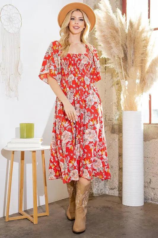 Smocked Floral Midi Dress with Pockets - Pure Modest Apparel - Midi Dresses