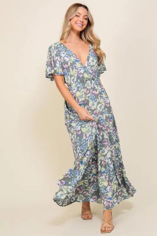 Smocked Waist V-neck Floral Maxi Dress - Pure Modest Apparel - Maxi Dresses