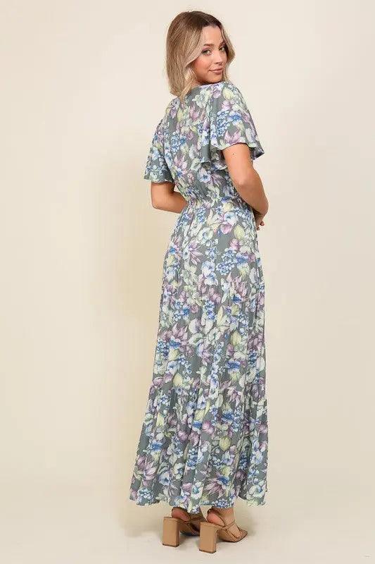 Smocked Waist V-neck Floral Maxi Dress - Pure Modest Apparel - Maxi Dresses