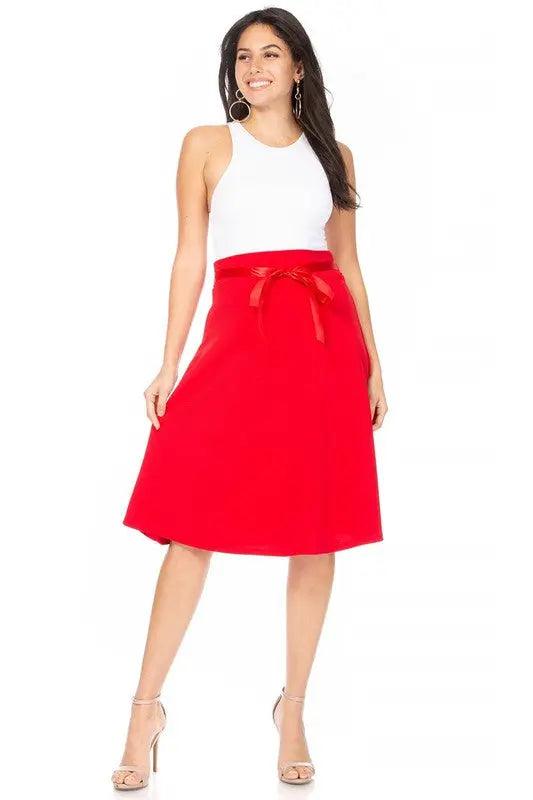 Solid Knee Length Skirt With Bow Tie - Pure Modest Apparel - Midi Skirts