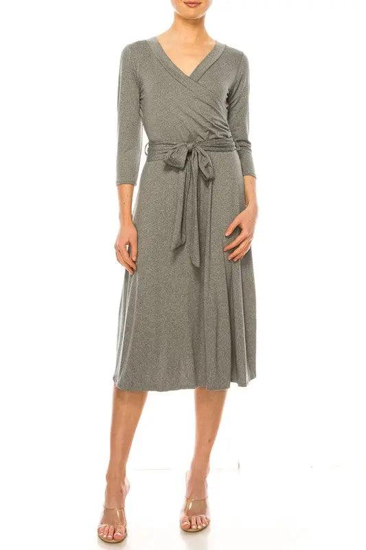 Solid Wrap V-neck Midi Dress - Pure Modest Apparel - Midi Dresses