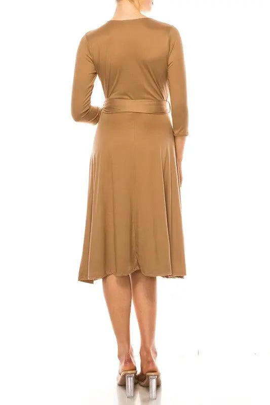 Solid Wrap V-neck Midi Dress - Pure Modest Apparel - Midi Dresses
