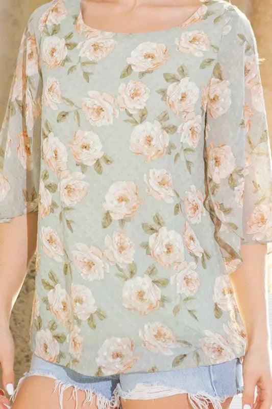 Swiss Dot Floral Print Split Sleeve Blouse - Pure Modest Apparel - Short Sleeve Tops