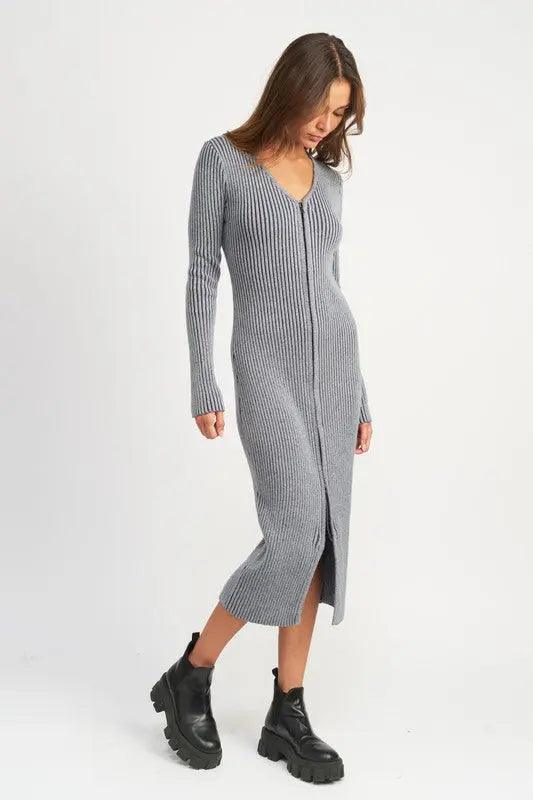 Two Way Zip Up Rib Knit Midi Dress - Pure Modest Apparel - Midi Dresses