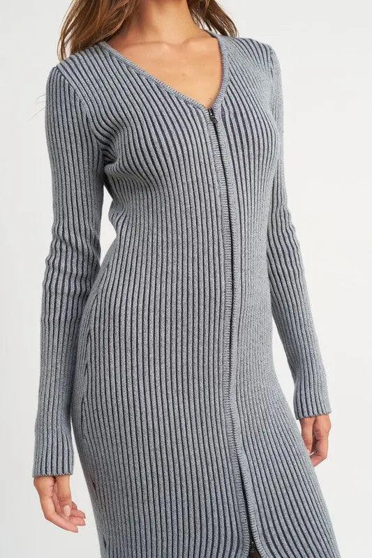 Two Way Zip Up Rib Knit Midi Dress - Pure Modest Apparel - Midi Dresses