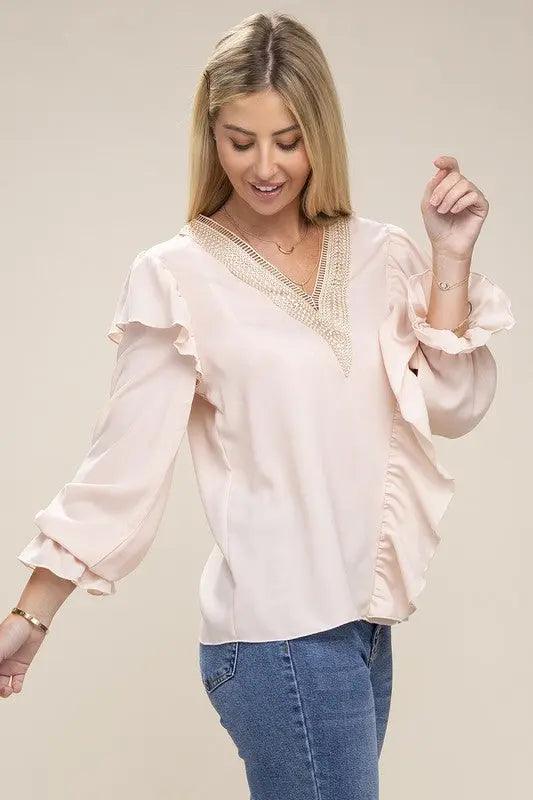 V-neck Lace Trim Long Sleeve Blouse - Pure Modest Apparel - Long Sleeve Tops