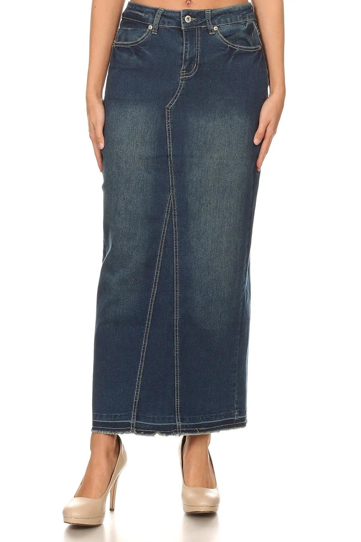 Vintage Wash Back Slit Denim Maxi Skirt - Pure Modest Apparel - Denim Skirts