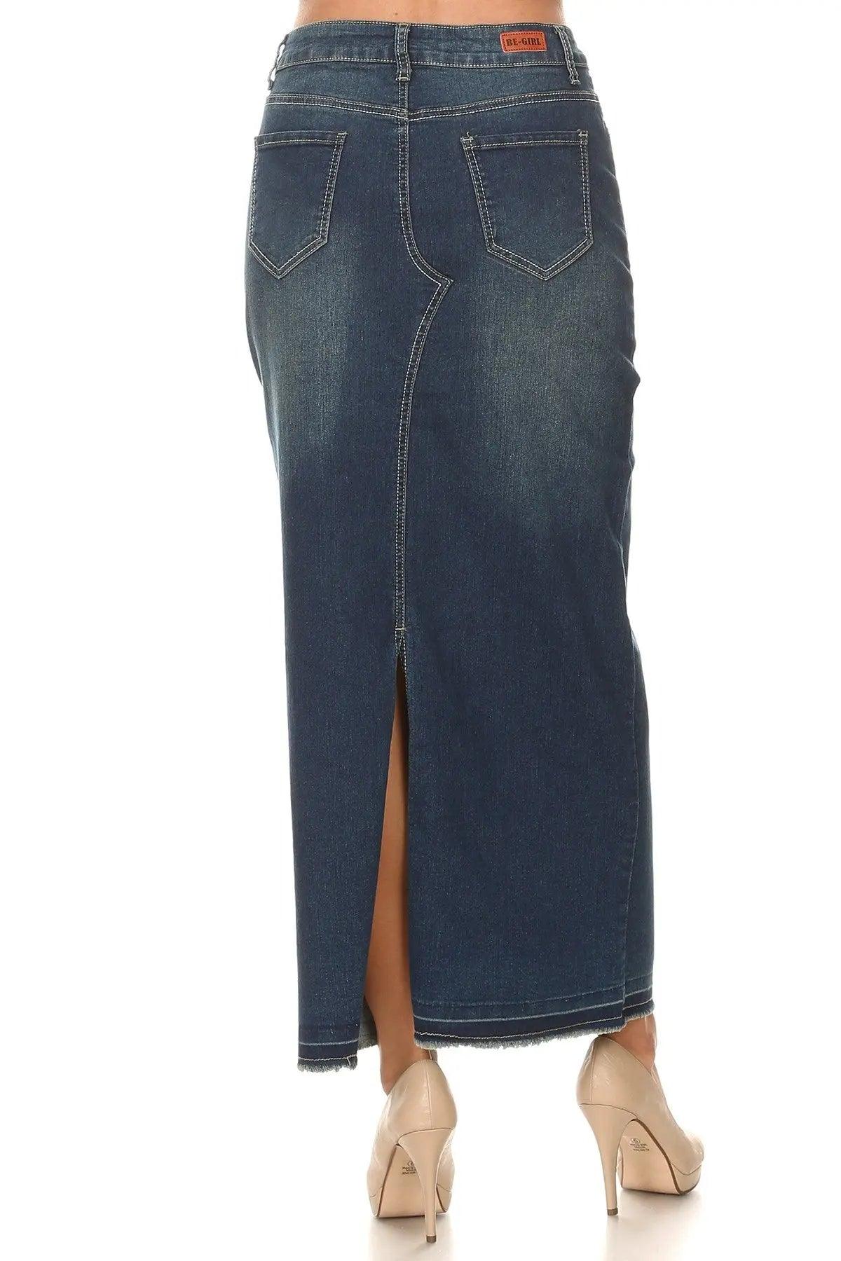Vintage Wash Back Slit Denim Maxi Skirt - Pure Modest Apparel - Denim Skirts