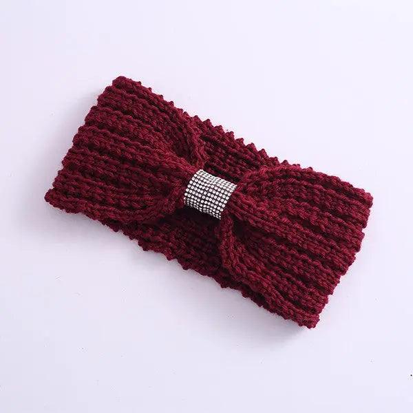 Winter Rhinestone Bow Knitted Head Band - High Quality Hair Accessories